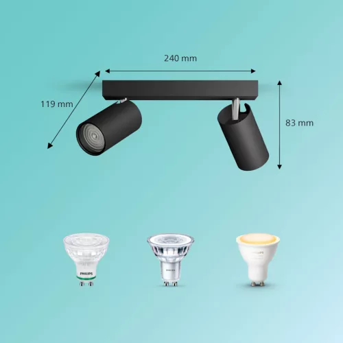 Mennyezeti lámpa Spotlámpa 2x GU10 IP44 Fekete Kosipo Philips