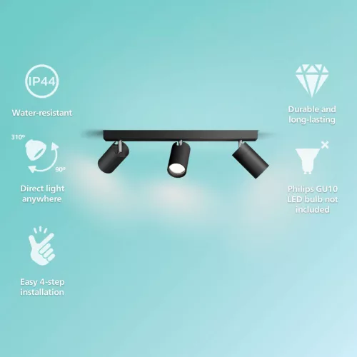 Mennyezeti lámpa Spotlámpa 3x GU10 IP44 Kosipo Fekete Philips