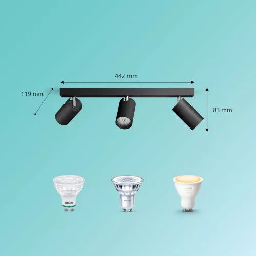Mennyezeti lámpa Spotlámpa 3x GU10 IP44 Kosipo Fekete Philips