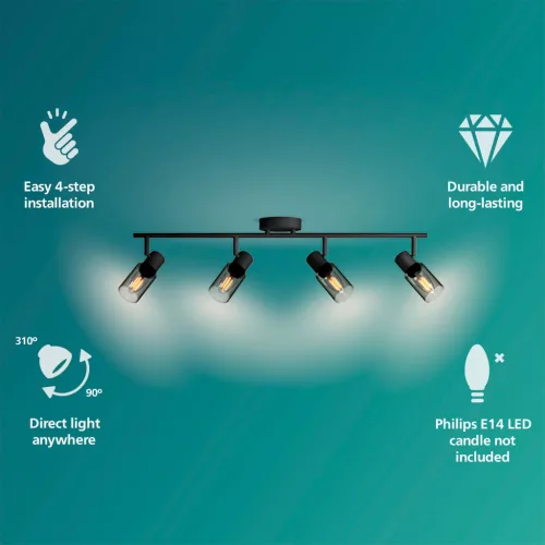Mennyezeti lámpa spotlámpa 4x E14 Black Palms Philips