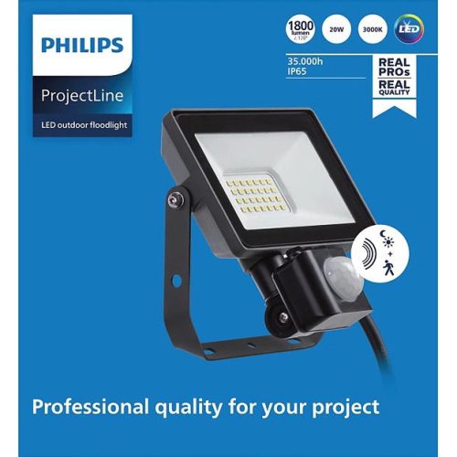LED-es reflektor 20W 1800lm 3000K IP65 fekete mozgás- és szürkületérzékelővel ProjectLine Floodlight PHILIPS
