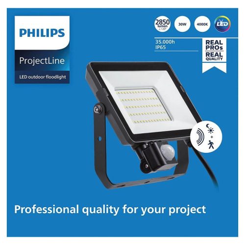 LED-es reflektor 30W 2850lm 4000K IP65 fekete mozgás- és szürkületérzékelővel ProjectLine Floodlight PHILIPS