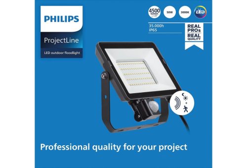 LED-es reflektor 50W 4500lm 3000K IP65 fekete mozgás- és szürkületérzékelővel ProjectLine Floodlight PHILIPS