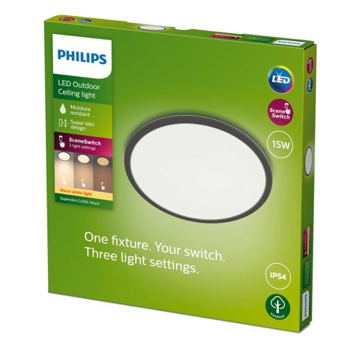 LED kerti mennyezeti lámpa kültéri SUPERSLIM CL550 15W 2700K IP44 kerek mennyezeti lámpa fekete-fehér PHILIPS