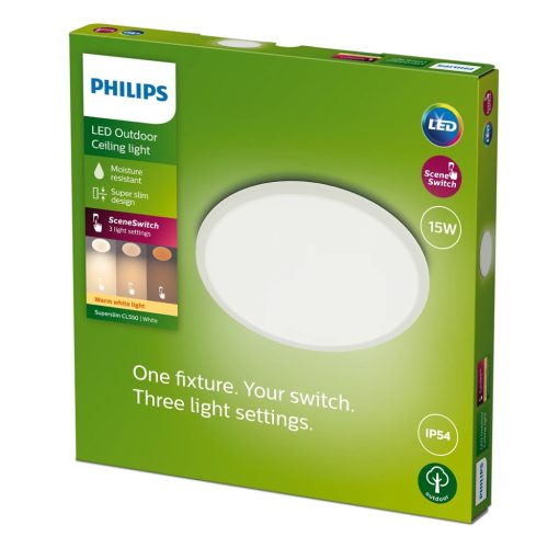 LED kerti mennyezeti lámpa kültéri SUPERSLIM CL550 15W 2700K IP44 mennyezeti kerek fehér PHILIPS