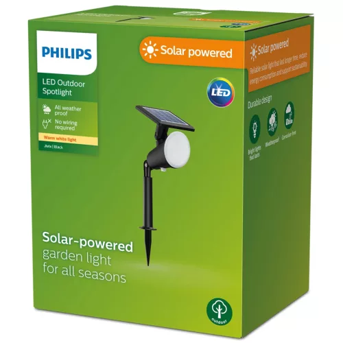 Napelemes LED kerti lámpa, fekete, irányított, spotlámpa, 2700K, IP44, PHILIPS