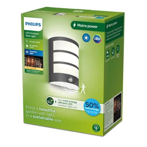 Kerti LED lámpa fali lámpa homlokzati PYTHON 3.8W mozgásérzékelő 2700K meleg IP44 antracit PHILIPS