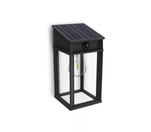 Kerti fali lámpa, napelemes homlokzati kültéri LED, 3,2 W, 470 lm, 4000 K, IP44, mozgás- és alkonyérzékelővel, Geri, ultrahatékony, fekete, Philips