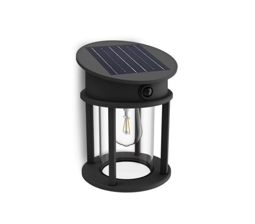 Kerti fali lámpa, napelemes homlokzati kültéri LED, 3,2 W, 470 lm, 4000 K, IP44, mozgás- és alkonyérzékelővel, fekete, Geri, ultrahatékony, Philips