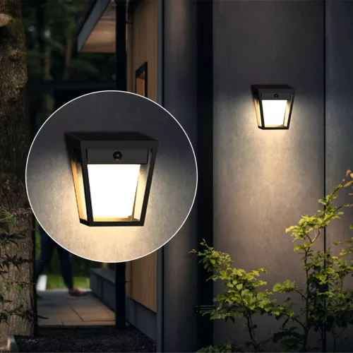 Kerti fali lámpa Solar Homlokzati Kültéri LED 1,8W 250lm 3000K IP44 mozgás- és szürkületérzékelővel Fekete Nissa Ultra Hatékony Philips