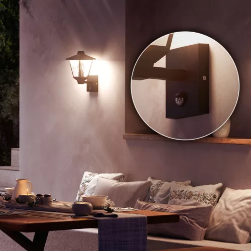 Kerti fali lámpa homlokzati lámpa kültéri LANTERN E27 IP44 mozgás- és szürkületérzékelővel Fekete Kinno Philips