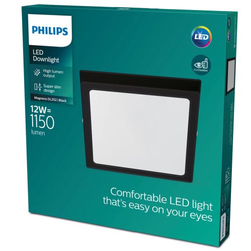 Mennyezeti LED panel Felületre szerelhető mennyezeti lámpa MAGNEOS 12W 2700K 21cm fekete lefelé világítás négyzet PHILIPS