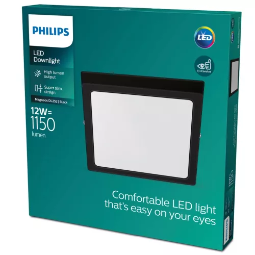 Mennyezeti LED panel Felületre szerelhető mennyezeti lámpa MAGNEOS 12W 2700K 21cm fekete lefelé világítás négyzet PHILIPS