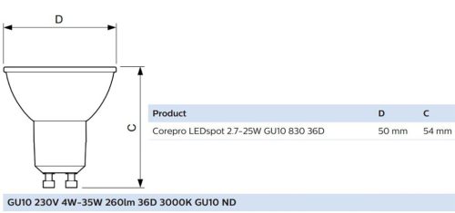 LED izzó GU10 2.7W = 25W 225lm 3000K 36° PHILIPS