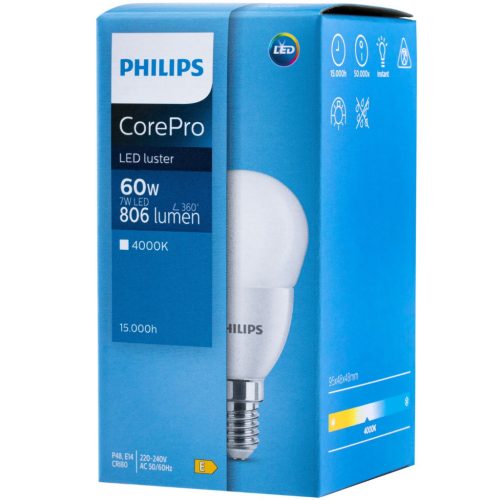 E14 LED izzó 7W = 60W 806lm 4000K Neutral BALL PHILIPS