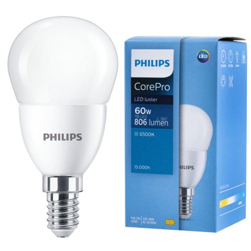 LED izzó E14 7W = 60W 806lm 6500K hideg BALL PHILIPS