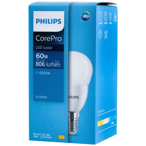 LED izzó E14 7W = 60W 806lm 6500K hideg BALL PHILIPS