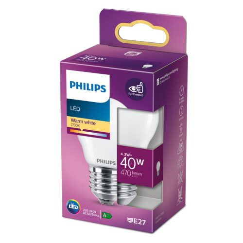 LED izzó E27 P45 4,3W = 40W 470lm 2700K meleg PHILIPS