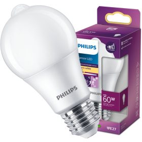   LED izzó E27 A60 8W = 60W 806lm 2700K meleg 280°-os PHILIPS mozgás- és szürkületérzékelő