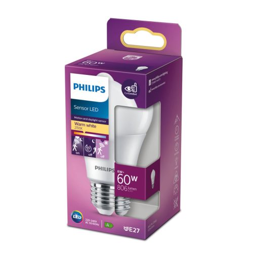 LED izzó E27 A60 8W = 60W 806lm 2700K meleg 280°-os PHILIPS mozgás- és szürkületérzékelő