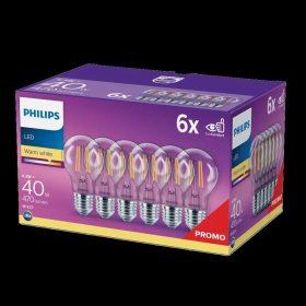   6 db LED izzó készlet E27 A60 4,3W = 40W 470lm 2700K meleg izzószál PHILIPS