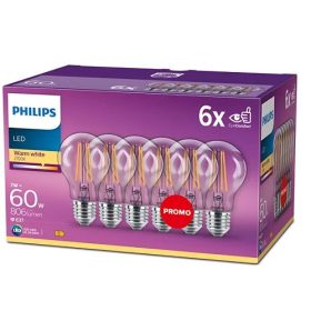   6 db LED izzó készlet E27 A60 7W = 60W 806lm 2700K meleg izzószál PHILIPS