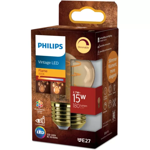 LED izzó E27 gömb alakú P45 2,7 W = 15 W 180 lm 1800 K Meleg CRI90 300° Filament Vintage Amber Szabályozható Dekoratív Philips