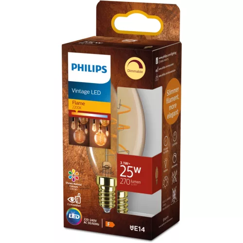 LED izzó E14 gyertya B35 3.1W = 25W 270lm 2200K Meleg CRI90 300° IZZÓFŰSZERES Vintage borostyánszínű, szabályozható dekoratív Philips