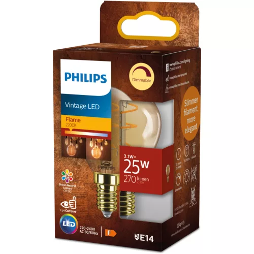 LED izzó E14 gömb alakú P45 3.1W = 25W 270lm 2200K Meleg CRI90 300° IZZÓFŰSZERES Vintage borostyánszínű, szabályozható dekoratív Philips