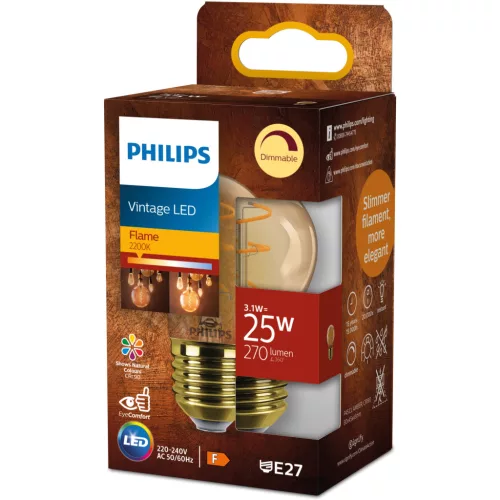LED izzó E27 gömb alakú P45 3.1W = 25W 270lm 2200K Meleg CRI90 300° IZZÓFŰSZERES Vintage borostyánszínű, szabályozható dekoratív Philips
