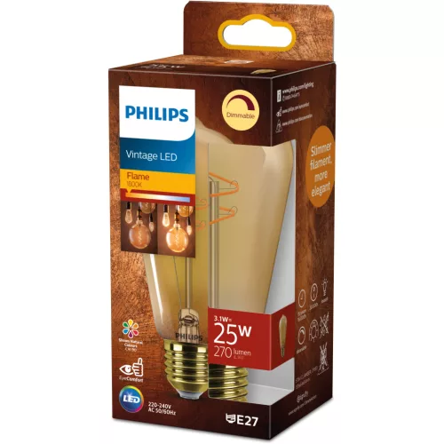 LED izzó E27 Edison ST64 3.1W = 25W 270lm 1800K Meleg CRI90 300° IZZÓFŰSZERES Vintage Amber Szabályozható Dekoratív Philips