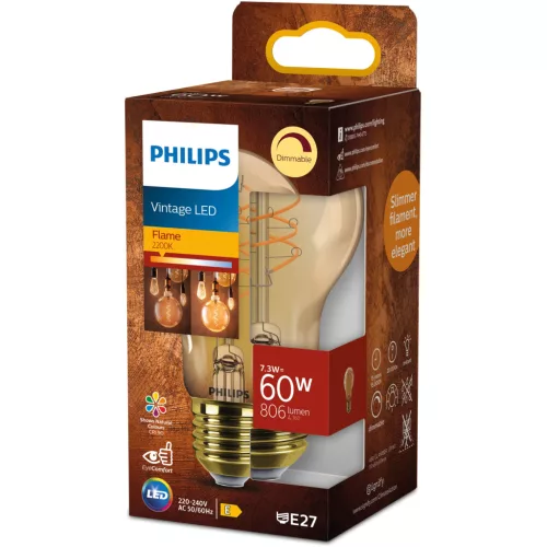 LED izzó E27 A60 7.3W = 60W 806lm 2200K Meleg CRI90 300° IZZÓIZZÓ Vintage Amber Szabályozható Dekoratív Philips