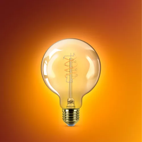 LED izzó E27 gömb alakú G95 7.3W = 60W 806lm 2200K Meleg CRI90 300° IZZÓFŰSZERES Vintage borostyánszínű, szabályozható dekoratív Philips