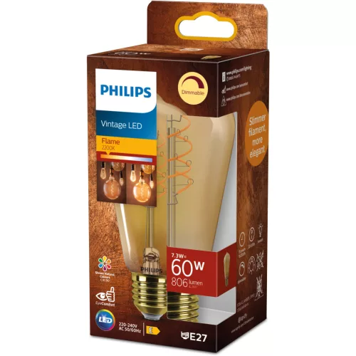 LED izzó E27 Edison ST64 7.3W = 60W 806lm 2200K Meleg CRI90 300° IZZÓFŰSZERES Vintage Amber Szabályozható Dekoratív Philips