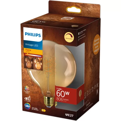 LED izzó E27 gömb alakú G125 7.3W = 60W 806lm 2200K Meleg CRI90 300° IZZÓFŰSZERES Vintage Amber Szabályozható Dekoratív Philips