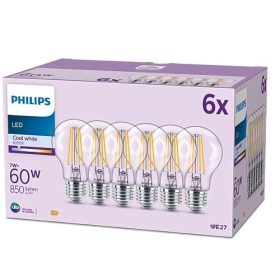   6 db LED izzó készlet E27 A60 7W = 60W 850lm 4000K Semleges izzószál PHILIPS