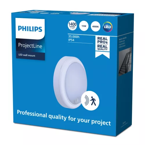LED kültéri csatorna lámpa 15W 1400lm 4000K IP54 mozgás- és szürkületérzékelővel, Projetline fehér Philips