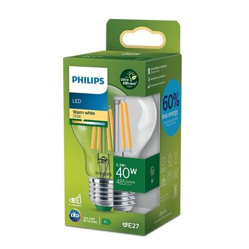 LED izzó E27 A60 210.9lm/W 2.3W = 40W 485lm 2700K meleg izzószál PHILIPS Ultra Hatékony