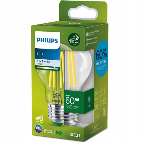LED izzó E27 A60 210lm/W 4W = 60W 840lm 4000K semleges izzószál PHILIPS Ultra Hatékony