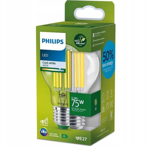 LED izzó E27 A60 210.6lm/W 5.2W = 75W 1095lm 4000K semleges izzószál PHILIPS Ultra Hatékony