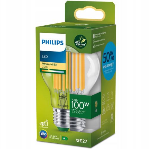 LED izzó E27 A60 210.3lm/W 7.3W = 100W 1535lm 2700K meleg izzószál PHILIPS Ultra Hatékony