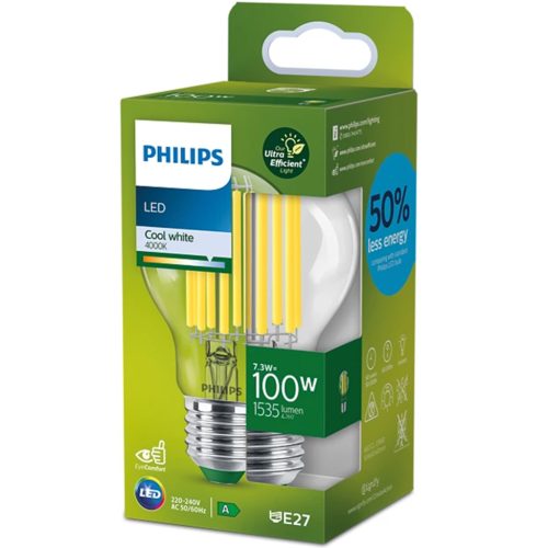 LED izzó E27 A60 210.3lm/W 7.3W = 100W 1535lm 4000K semleges izzószál PHILIPS Ultra Hatékony