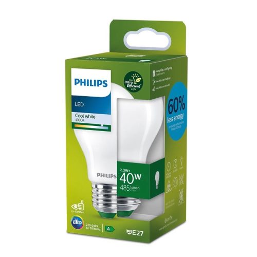 LED izzó E27 A60 210,9lm/W 2,3W = 40W 485lm 4000K semleges szálas tejszerű PHILIPS rendkívül hatékony