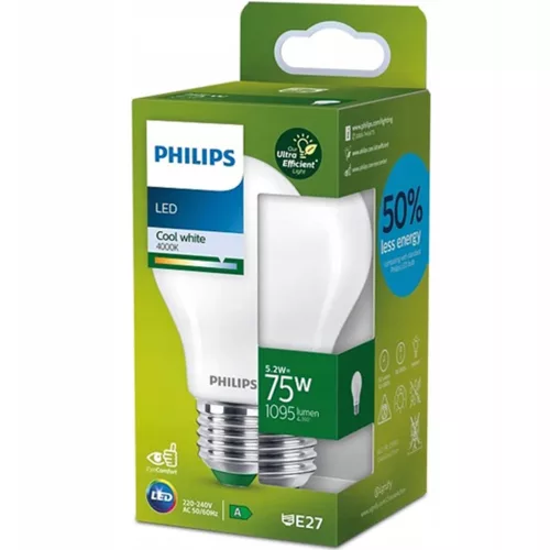 LED izzó E27 A60 210.6lm/W 5.2W = 75W 1095lm 4000K semleges szálas tejszerű PHILIPS rendkívül hatékony