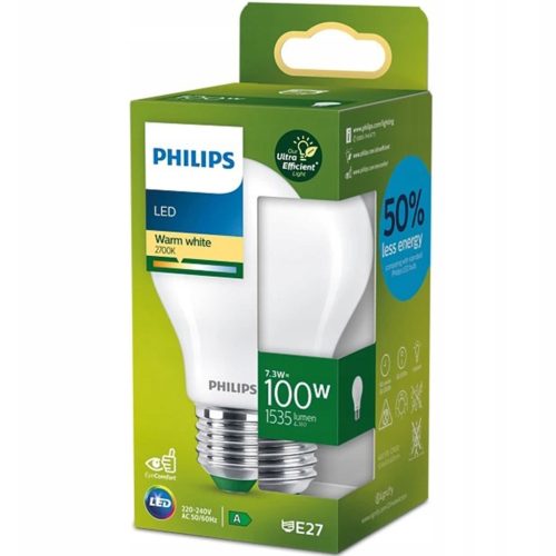 LED izzó E27 210,3lm/W A60 7,3W = 100W 1535lm 2700K meleg tejszerű PHILIPS rendkívül hatékony