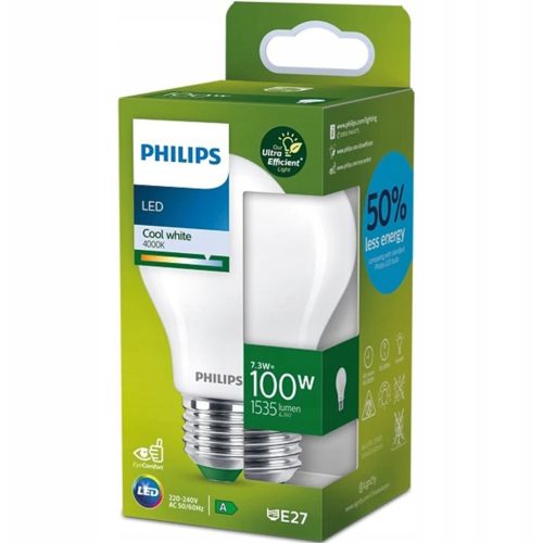 LED izzó E27 210.3lm/W A60 7.3W = 100W 1535lm 4000K semleges szálas tejszerű PHILIPS rendkívül hatékony