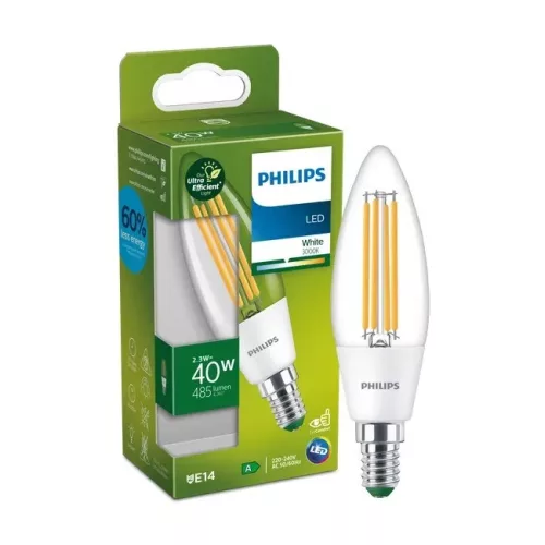 LED gyertyakörte E14 210.9lm/W B35 2.3W = 40W 485lm 3000K meleg izzószál PHILIPS Ultra Hatékony