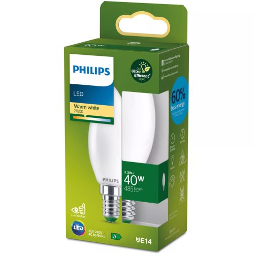 LED izzó E14 gyertya B35 2.3W = 40W 485lm 210lm/W 2700K Meleg 300° A osztályú UltraEfficient Philips
