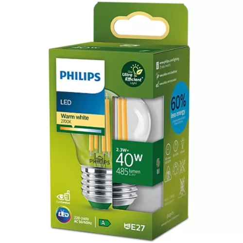 LED izzógömb E27 210lm/W P45 2,3W = 40W 485lm 2700K meleg izzószál PHILIPS Ultra Hatékony