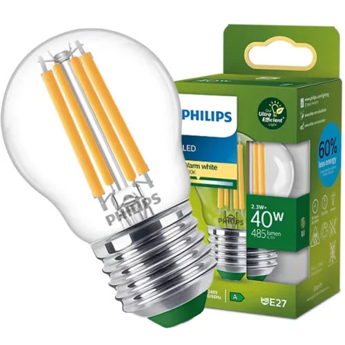LED izzógömb E27 210lm/W P45 2,3W = 40W 485lm 2700K meleg izzószál PHILIPS Ultra Hatékony